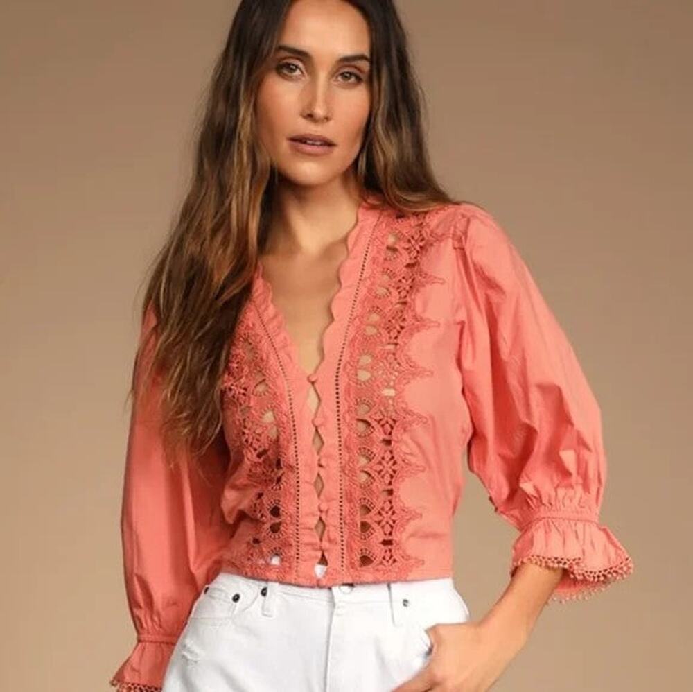 Free People Louella Peach Cotton Embroidered Puff Sleeve Top - XS